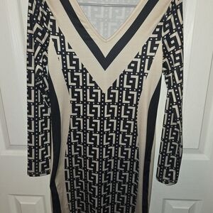 Geometric Patterned Black and Cream Dress